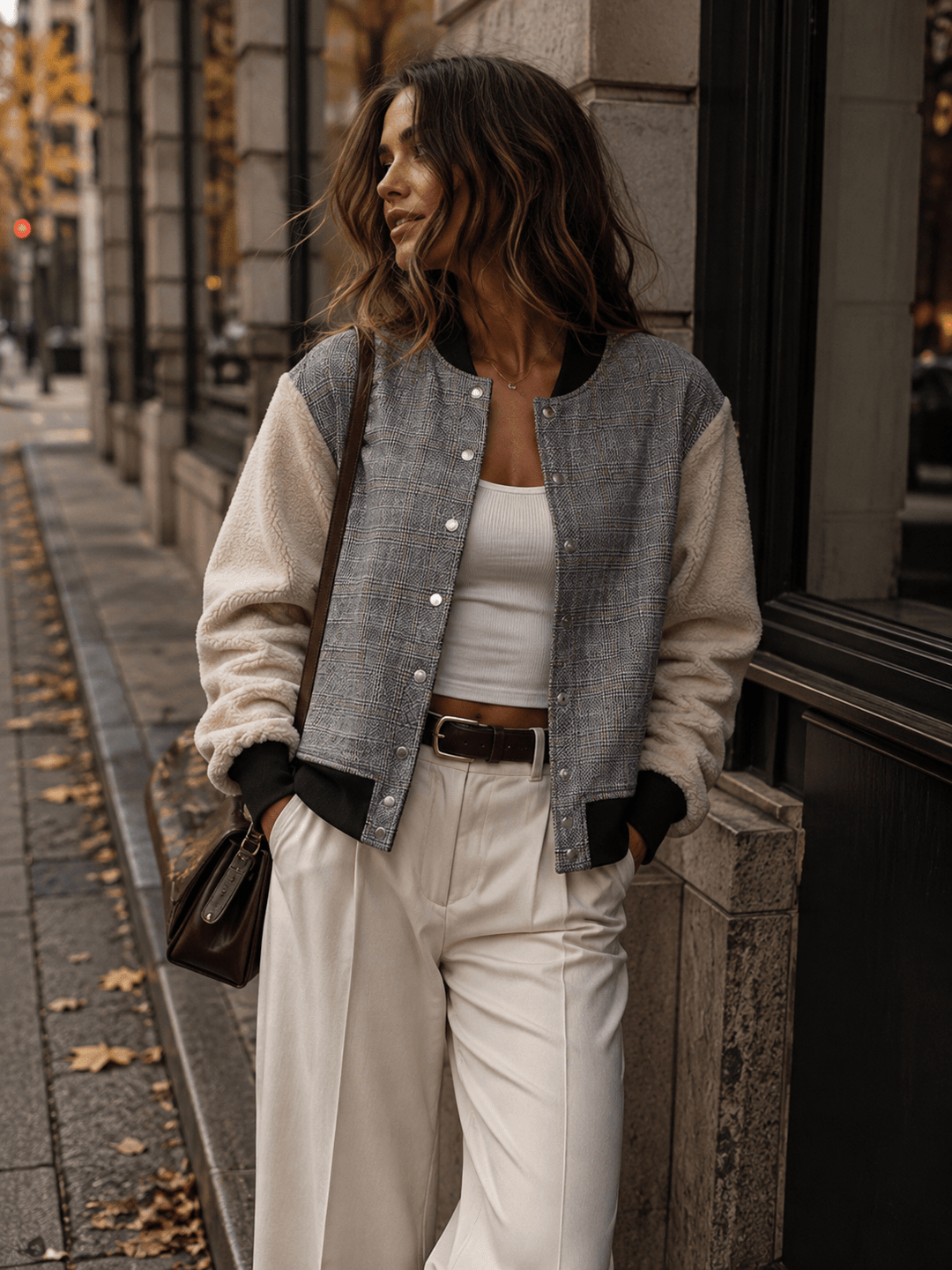 WOMEN'S LONG SLEEVE BUTTON CLOSURE FRONT POCKET SHERPA CONTRAST JACKET