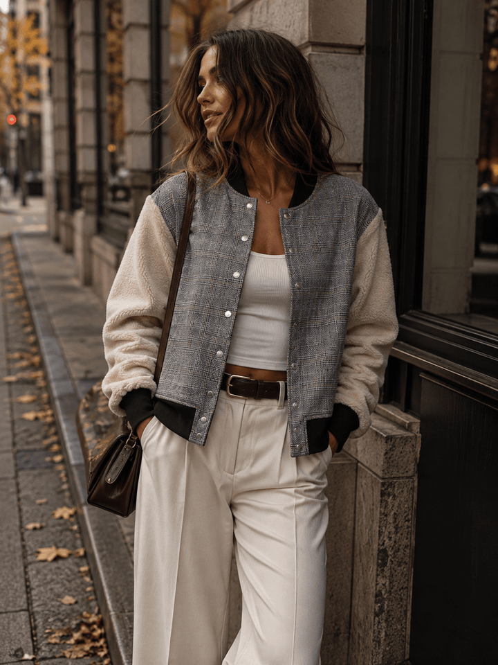 WOMEN'S LONG SLEEVE BUTTON CLOSURE FRONT POCKET SHERPA CONTRAST JACKET