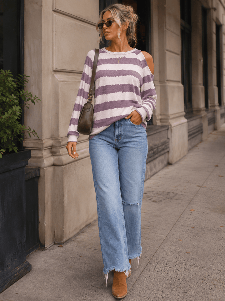 ENTRO WOMEN'S LONG SLEEVE COLD SHOULDER COLORBLOCK STRIPES TOP