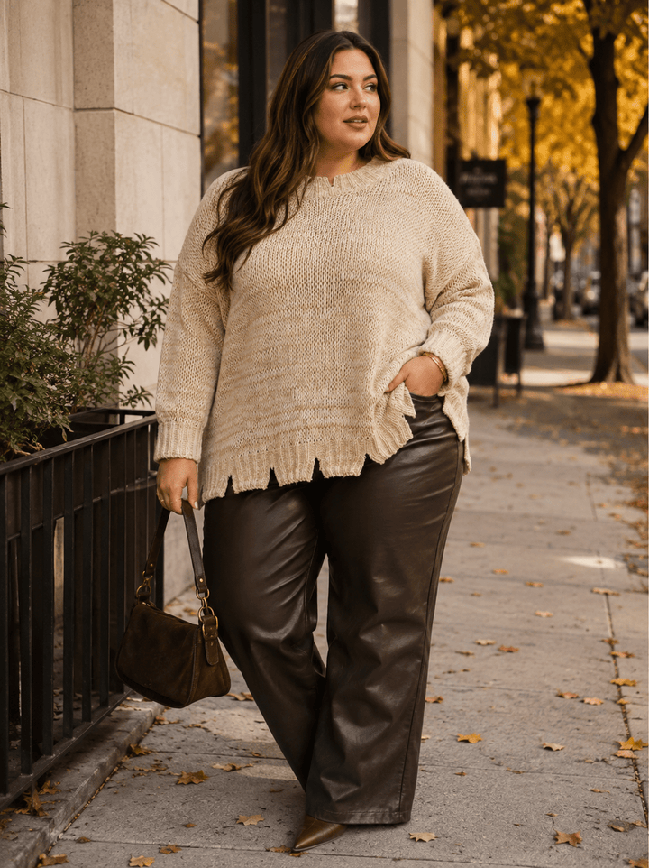 PLUS SIZE LONG SLEEVE DISTRESS PULLOVER KNIT SWEATER