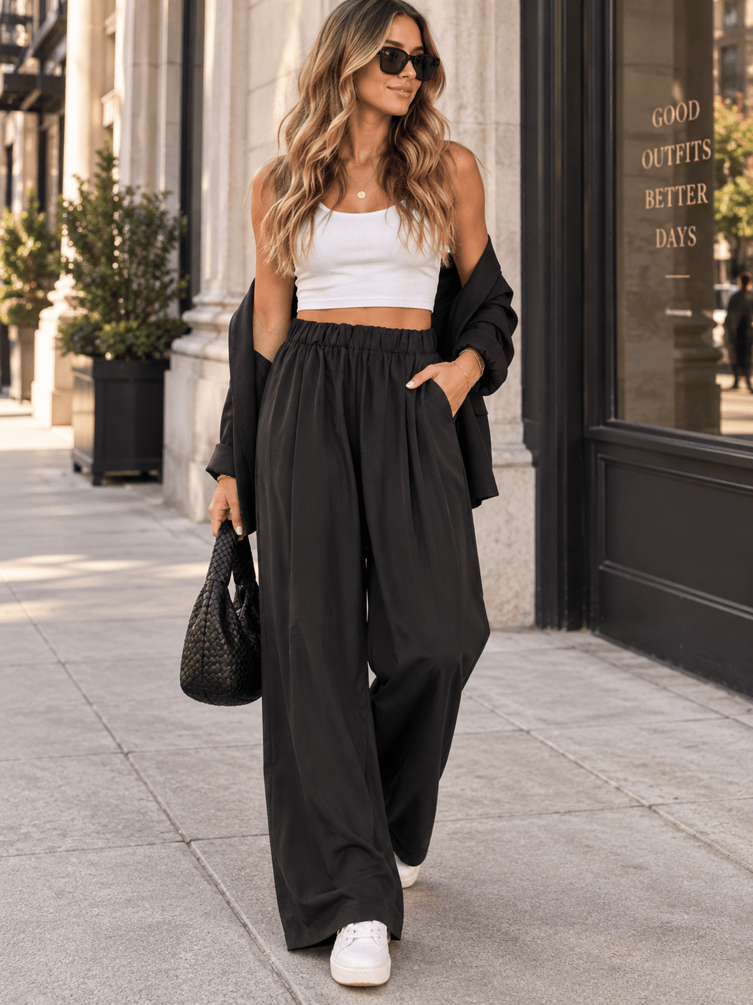 WOMEN'S ELASTIC WAIST FRONT POCKETS WIDE LEG PANTS