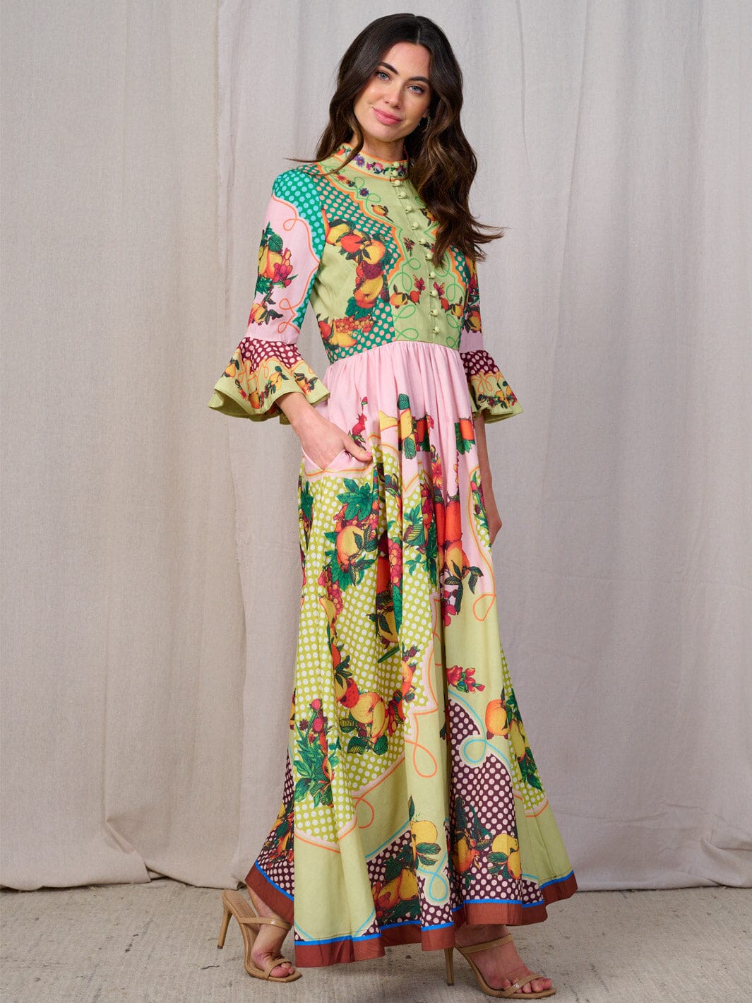 WOMEN'S 3/4 SLEEVES BUTTON UP FRONT POCKETS MULTI PRINT MAXI DRESS