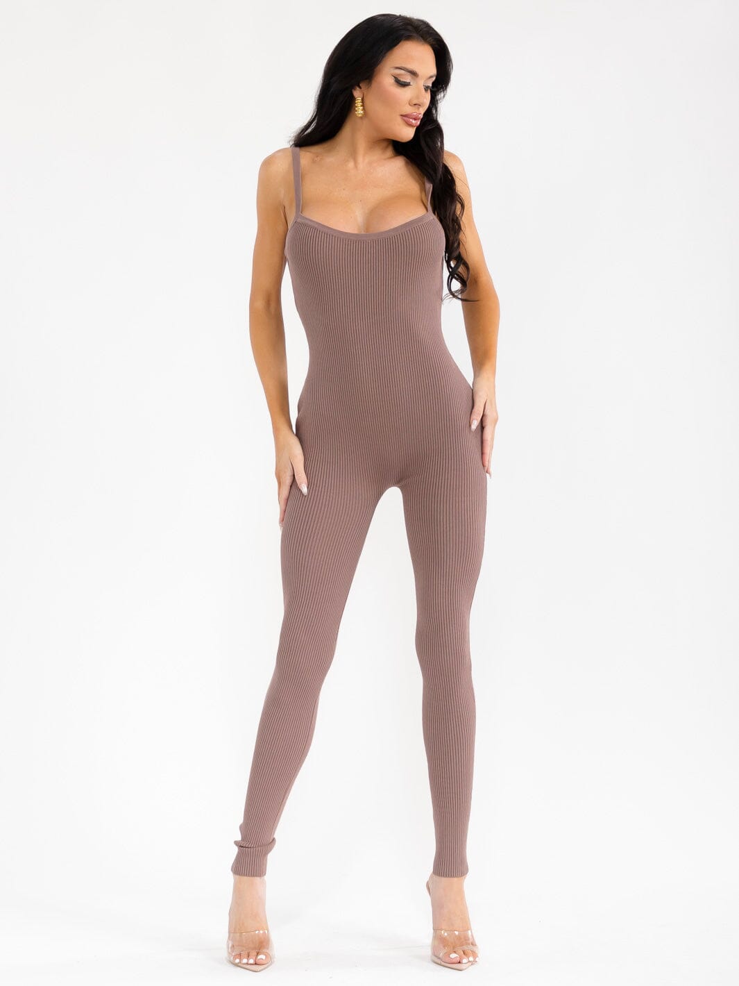 WOMEN'S SLEEVELESS OPEN BACK SKINNY LEG RIBBED JUMPSUIT