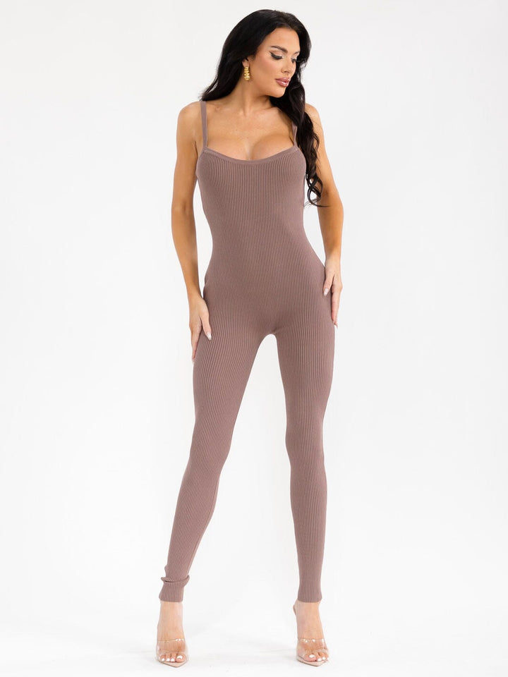 WOMEN'S SLEEVELESS OPEN BACK SKINNY LEG RIBBED JUMPSUIT