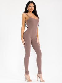 WOMEN'S SLEEVELESS OPEN BACK SKINNY LEG RIBBED JUMPSUIT