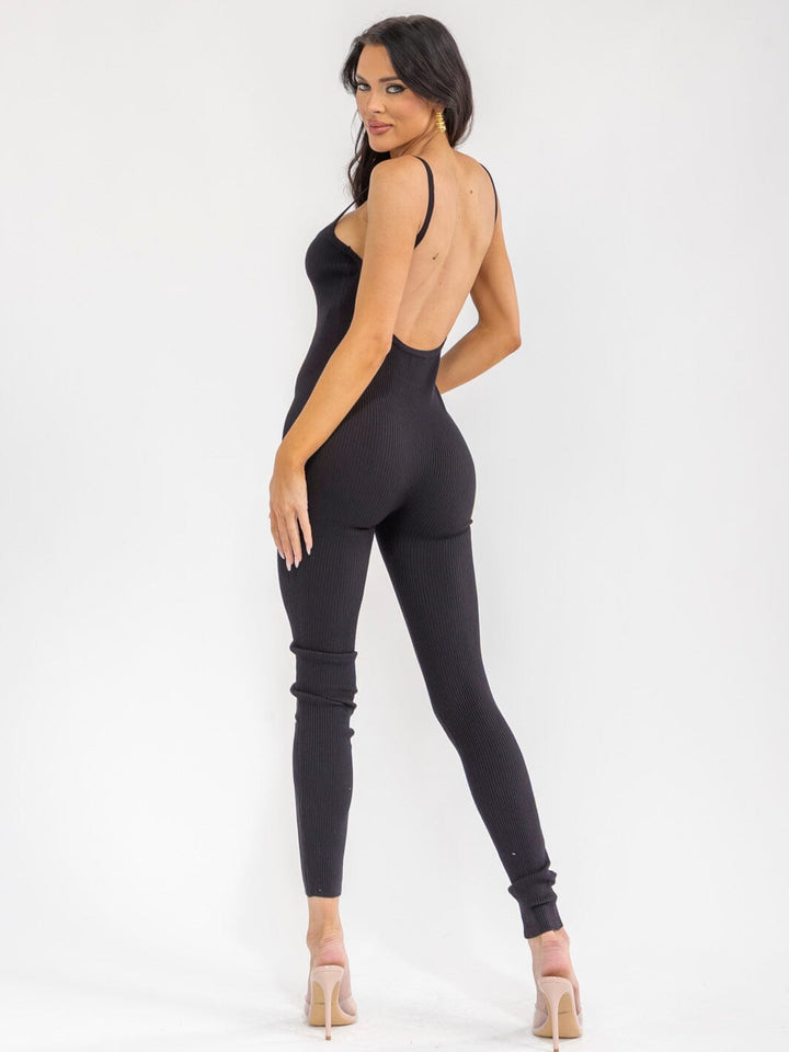 WOMEN'S SLEEVELESS OPEN BACK SKINNY LEG RIBBED JUMPSUIT