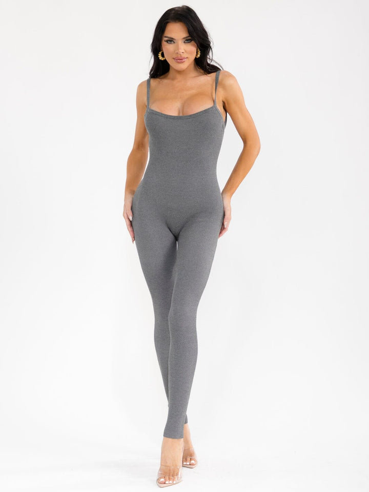 WOMEN'S SLEEVELESS OPEN BACK SKINNY LEG RIBBED JUMPSUIT