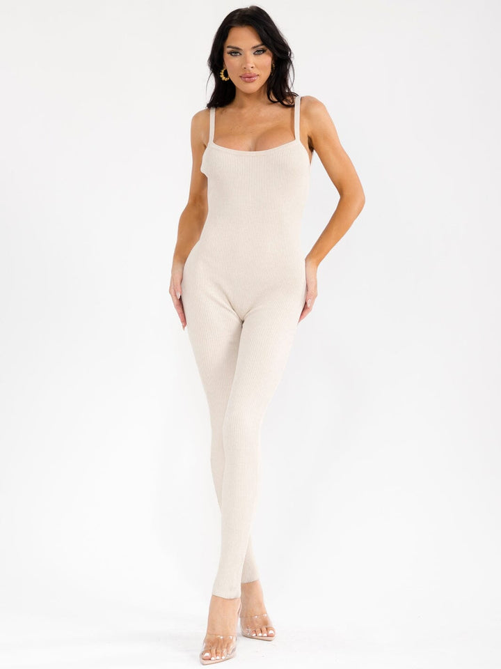 WOMEN'S SLEEVELESS OPEN BACK SKINNY LEG RIBBED JUMPSUIT