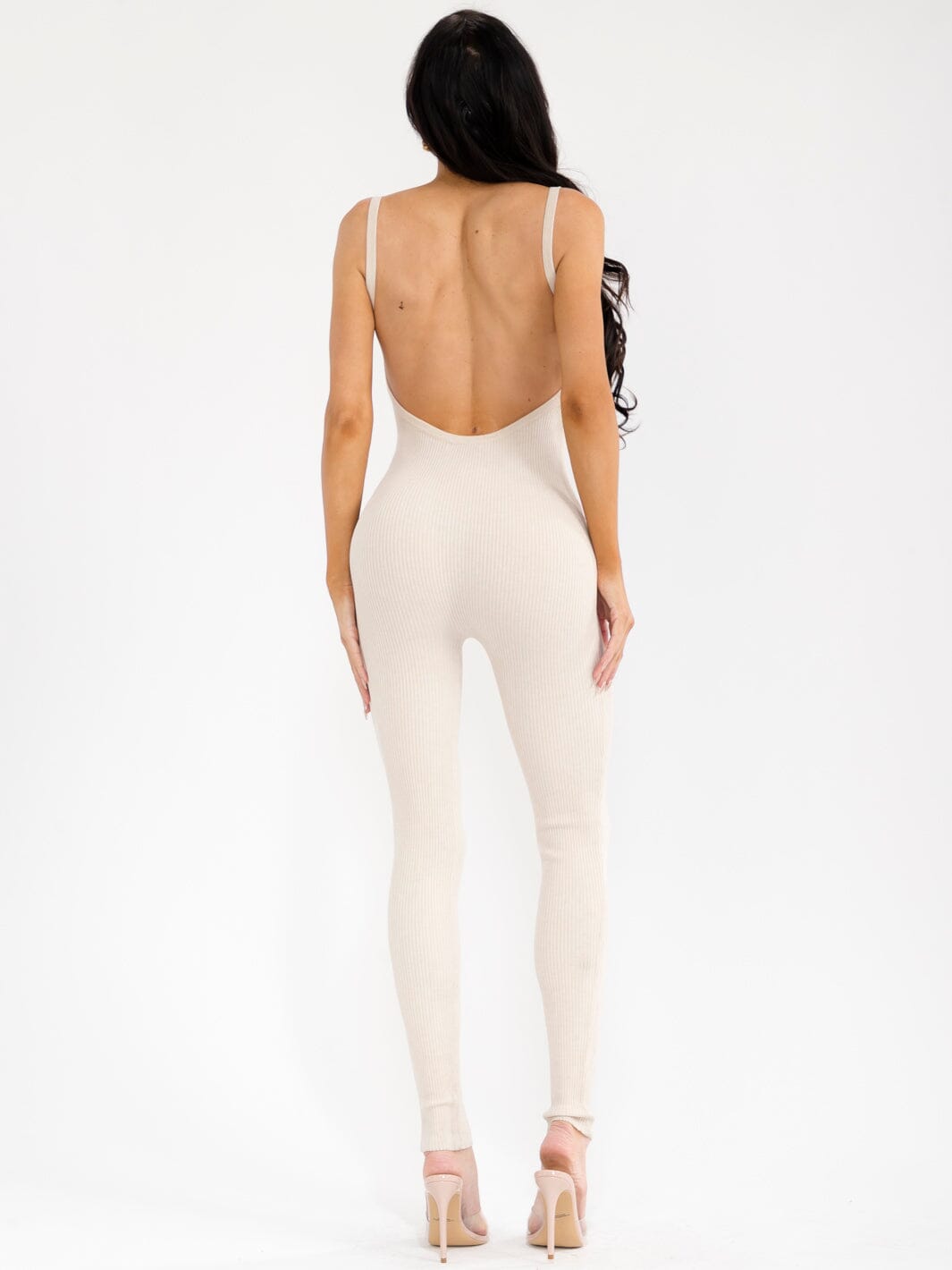 WOMEN'S SLEEVELESS OPEN BACK SKINNY LEG RIBBED JUMPSUIT