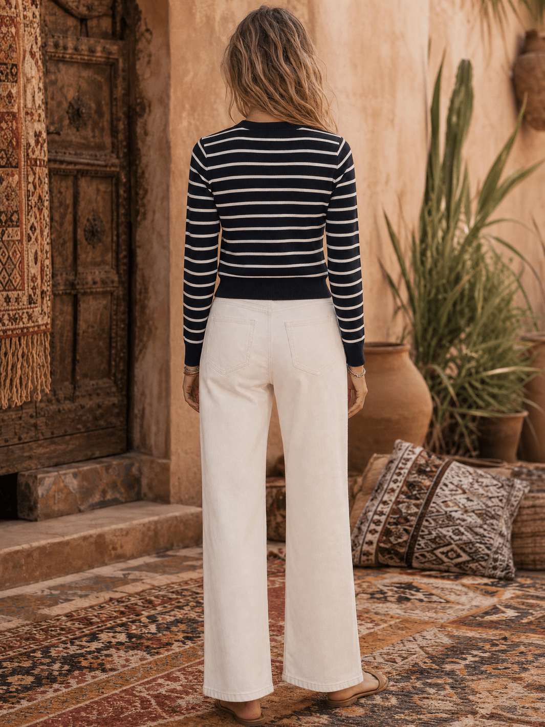 WOMEN'S LONG SLEEVE BUTTON UP RIBBED COLORBLOCK STRIPES SWEATER