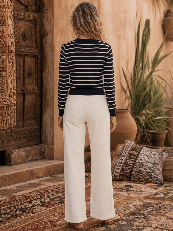 WOMEN'S LONG SLEEVE BUTTON UP RIBBED COLORBLOCK STRIPES SWEATER