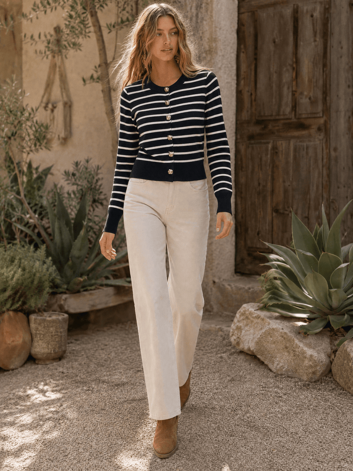 WOMEN'S LONG SLEEVE BUTTON UP RIBBED COLORBLOCK STRIPES SWEATER