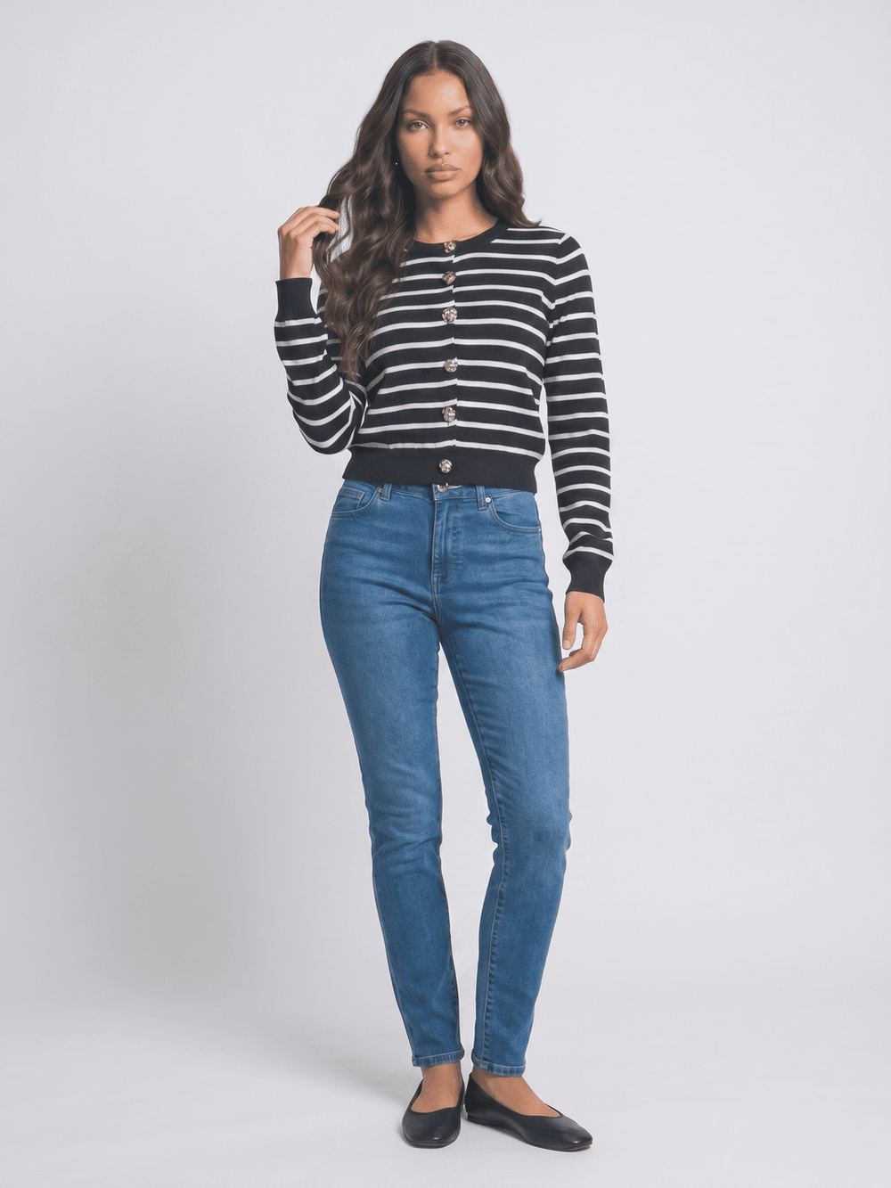 WOMEN'S LONG SLEEVE BUTTON UP RIBBED COLORBLOCK STRIPES SWEATER