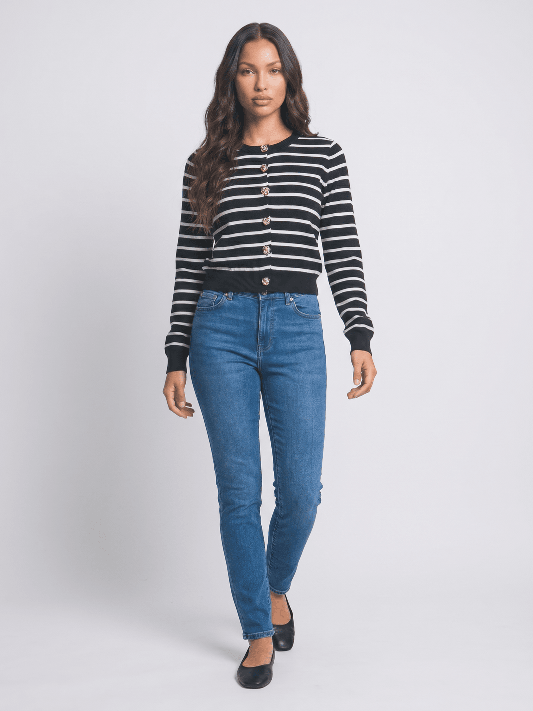 WOMEN'S LONG SLEEVE BUTTON UP RIBBED COLORBLOCK STRIPES SWEATER