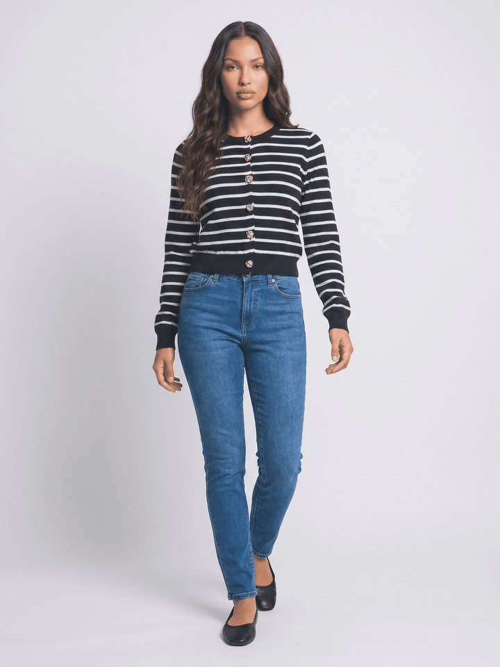 WOMEN'S LONG SLEEVE BUTTON UP RIBBED COLORBLOCK STRIPES SWEATER