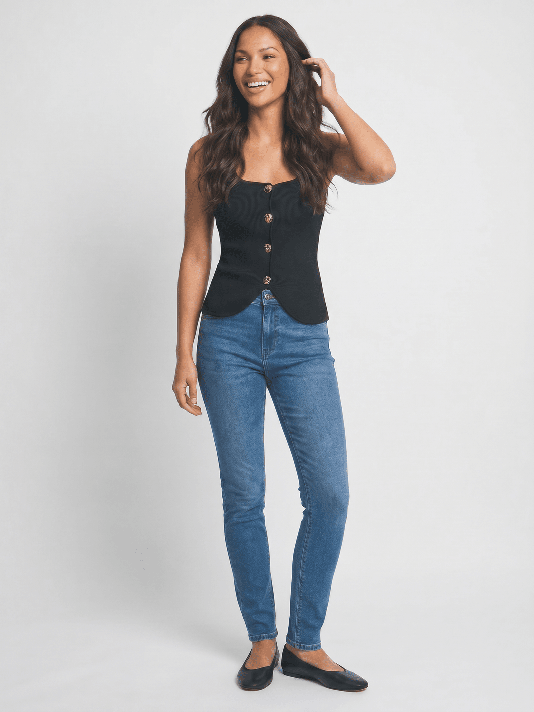 WOMEN'S SLEEVELESS SQUARE NECK BUTTON UP RIBBED TOP