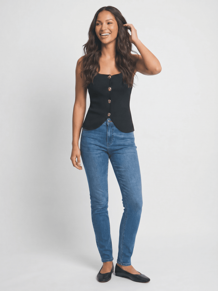 WOMEN'S SLEEVELESS SQUARE NECK BUTTON UP RIBBED TOP