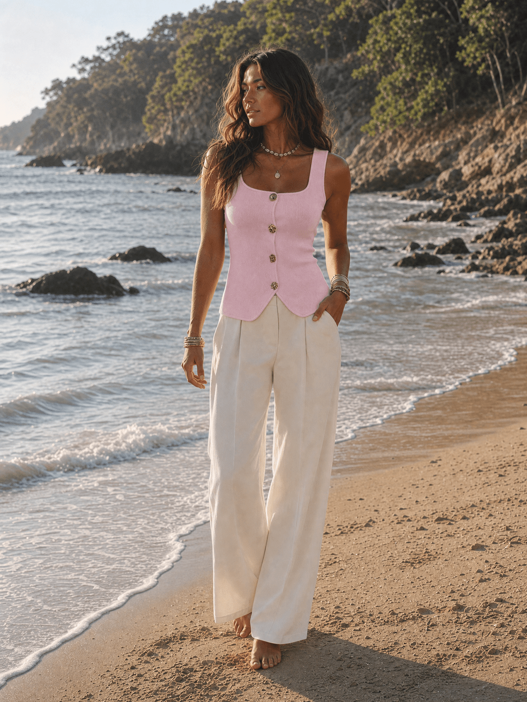WOMEN'S SLEEVELESS SQUARE NECK BUTTON UP RIBBED TOP