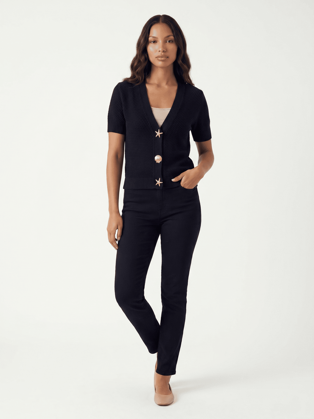 WOMEN'S SHORT SLEEVE BUTTON UP KNIT TOP