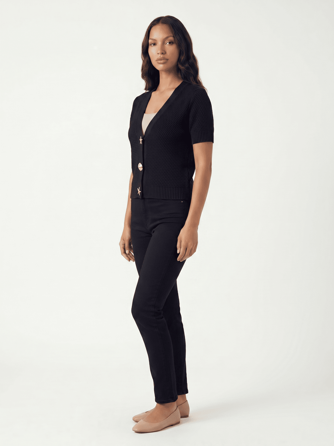 WOMEN'S SHORT SLEEVE BUTTON UP KNIT TOP