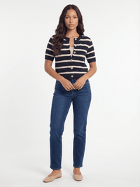 WOMEN'S SHORT SLEEVE BUTTON UP COLORBLOCK KNIT TOP
