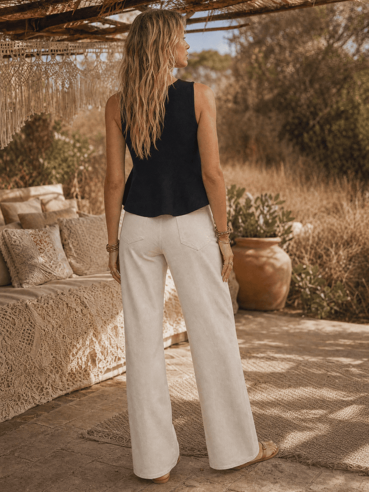 WOMEN'S SLEEVELESS V-NECK BUTTON UP RIBBED PEPLUM TOP
