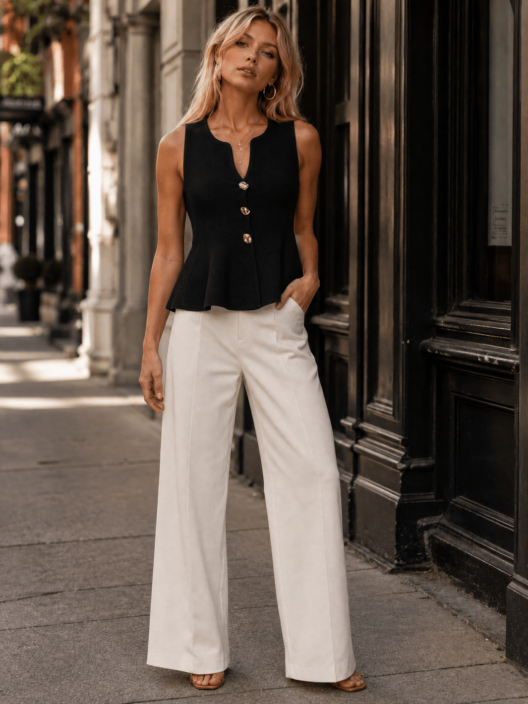 WOMEN'S SLEEVELESS V-NECK BUTTON UP RIBBED PEPLUM TOP