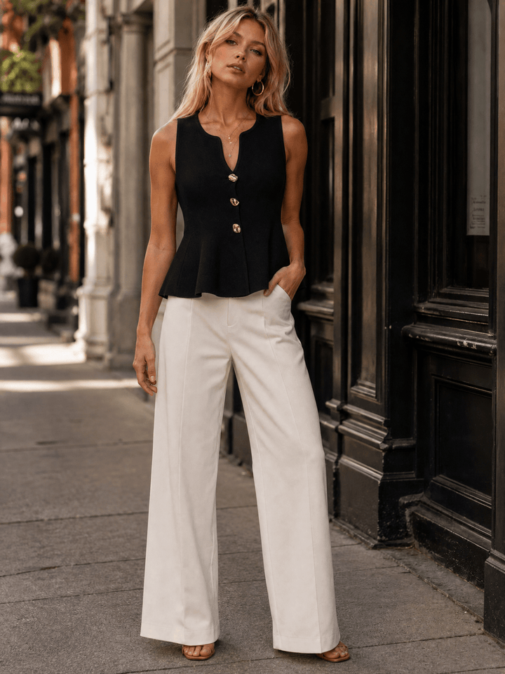 WOMEN'S SLEEVELESS V-NECK BUTTON UP RIBBED PEPLUM TOP