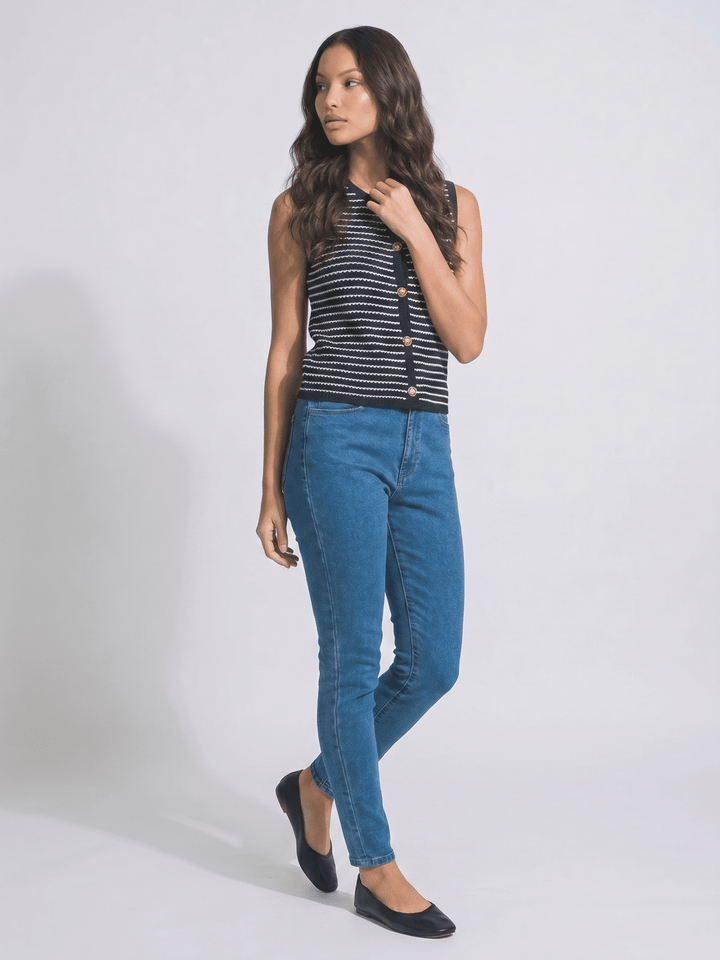 WOMEN'S SLEEVELESS BUTTON UP COLORBLOCK KNITTED TOP