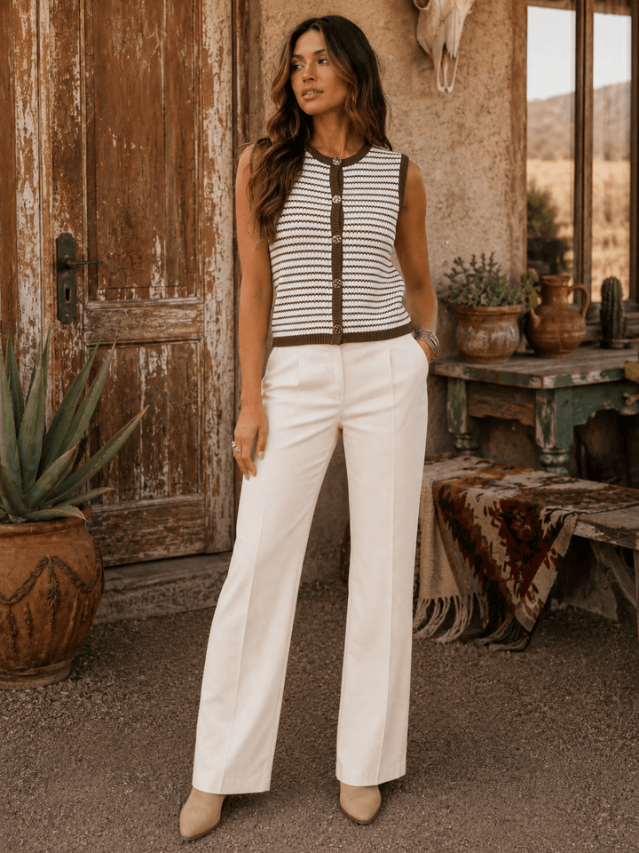 WOMEN'S SLEEVELESS BUTTON UP COLORBLOCK KNITTED TOP