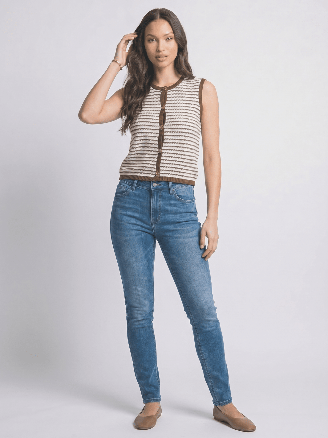 WOMEN'S SLEEVELESS BUTTON UP COLORBLOCK KNITTED TOP