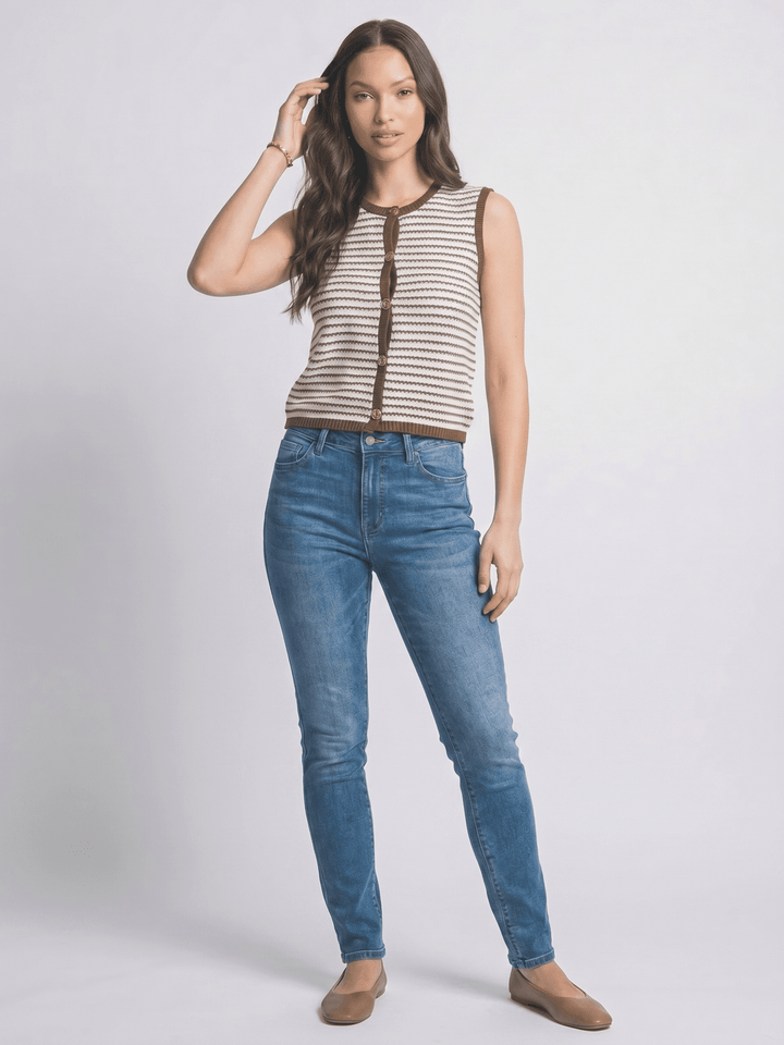 WOMEN'S SLEEVELESS BUTTON UP COLORBLOCK KNITTED TOP