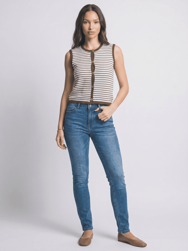 WOMEN'S SLEEVELESS BUTTON UP COLORBLOCK KNITTED TOP