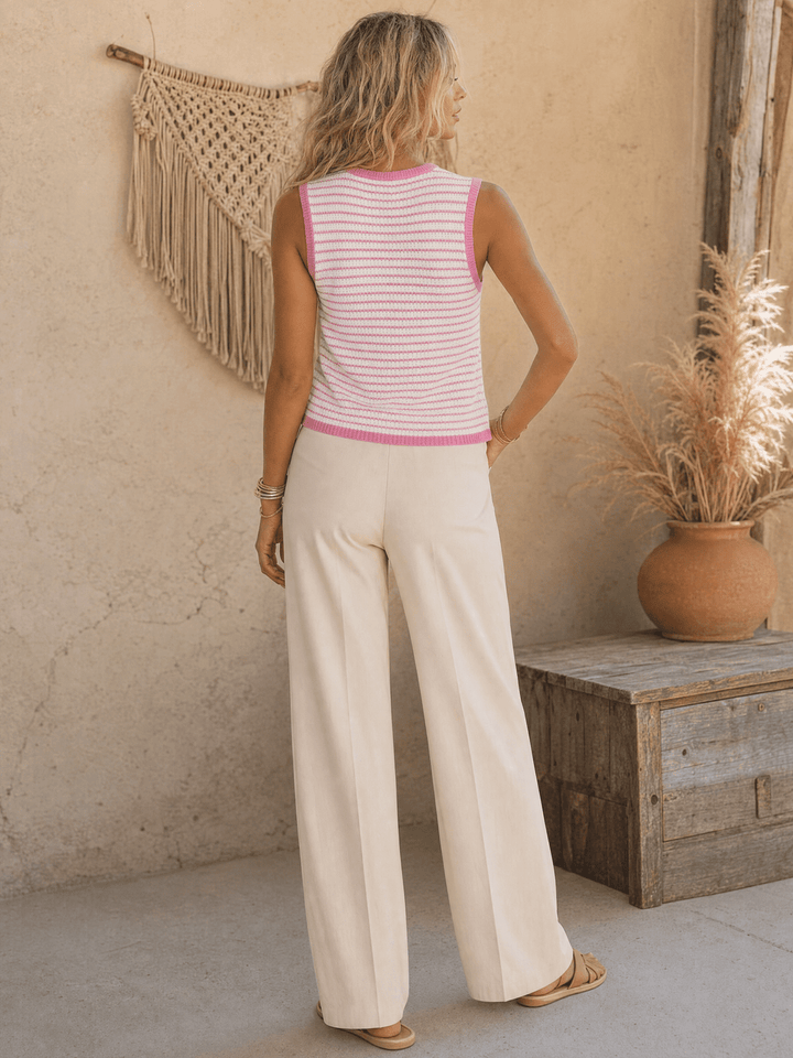 WOMEN'S SLEEVELESS BUTTON UP COLORBLOCK KNITTED TOP