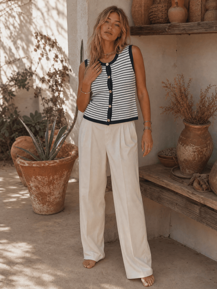 WOMEN'S SLEEVELESS BUTTON UP COLORBLOCK KNITTED TOP