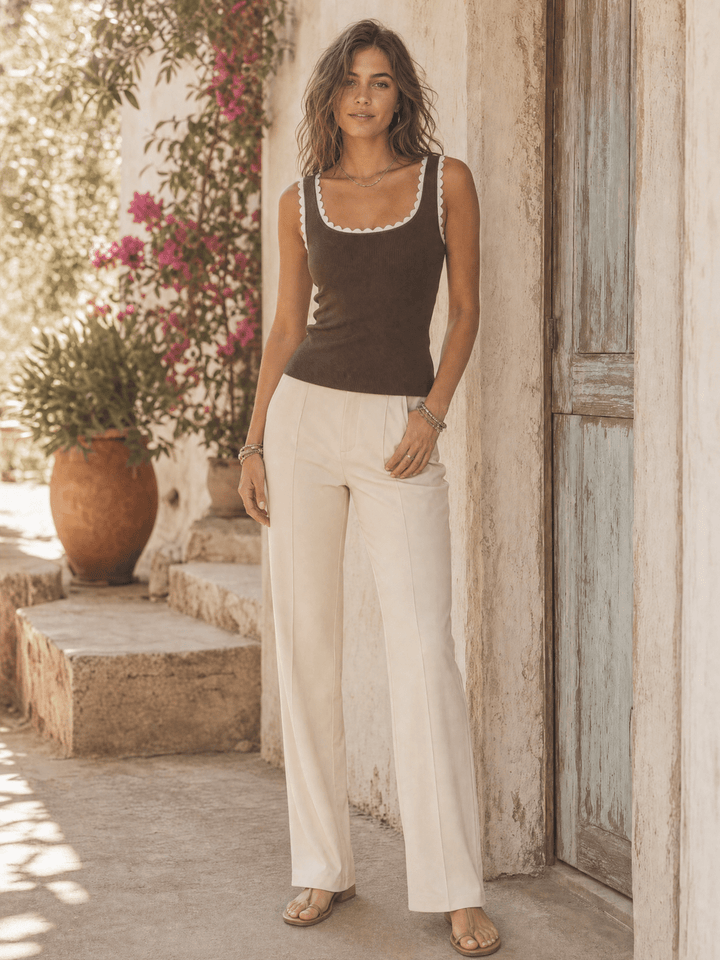 WOMEN'S SLEEVELESS PEARL DETAILED TRIM RIBBED TANK TOP