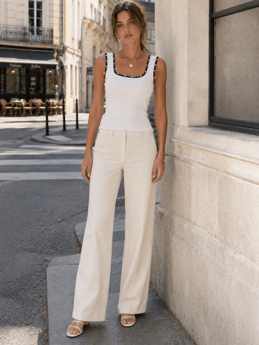 WOMEN'S SLEEVELESS PEARL DETAILED TRIM RIBBED TANK TOP