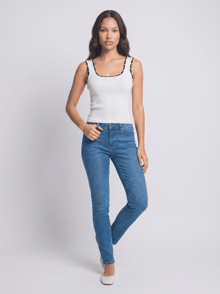 WOMEN'S SLEEVELESS PEARL DETAILED TRIM RIBBED TANK TOP