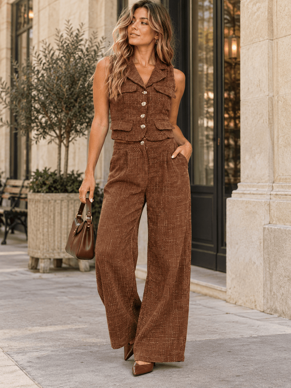 WOMEN'S SLEEVELESS BLOUSE & BUTTON CLOSURE WIDE LEG PANTS TWEED 2PC. SET