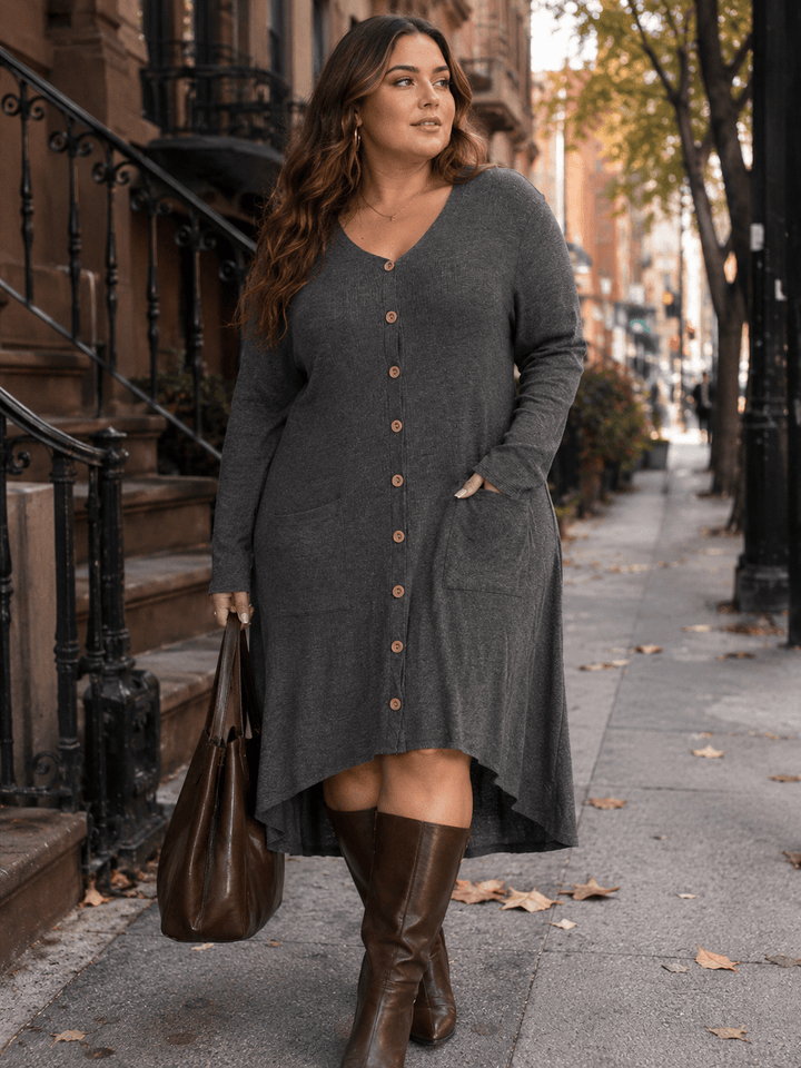 PLUS SIZE LONG SLEEVE BUTTON UP FRONT POCKETS HIGH-LOW TUNIC MIDI DRESS