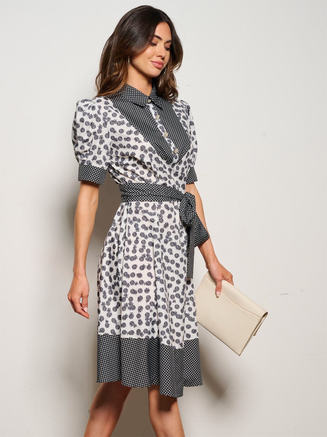 WOMEN'S SHORT PUFF SLEEVE BUTTON UP PRINTED MINI DRESS