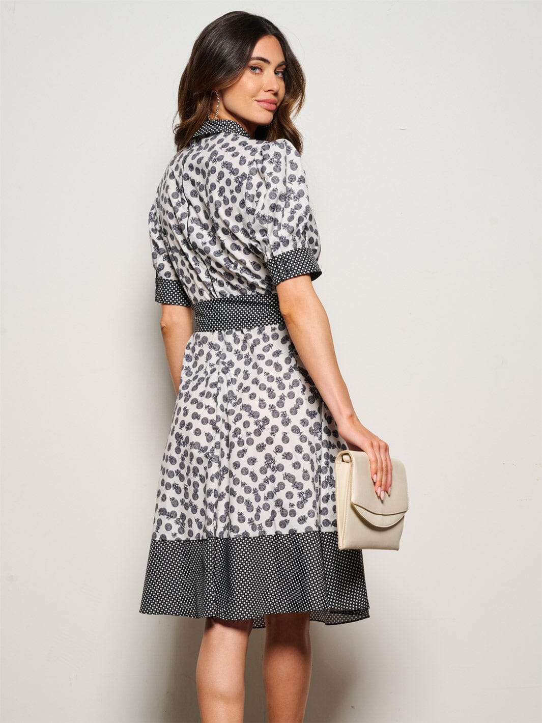 WOMEN'S SHORT PUFF SLEEVE BUTTON UP PRINTED MINI DRESS