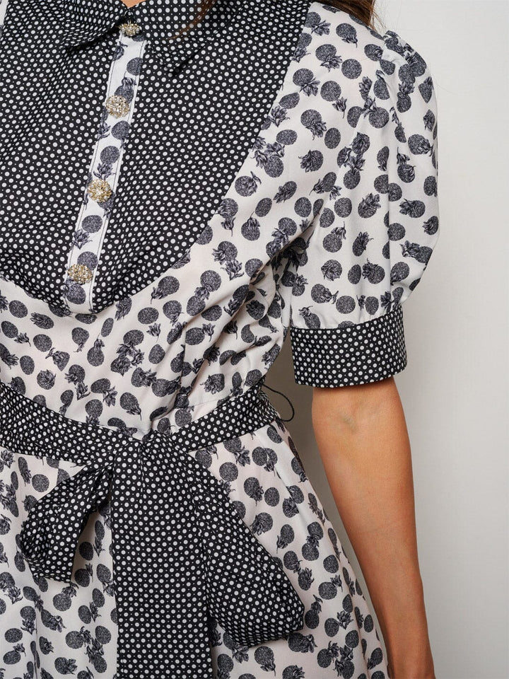 WOMEN'S SHORT PUFF SLEEVE BUTTON UP PRINTED MINI DRESS