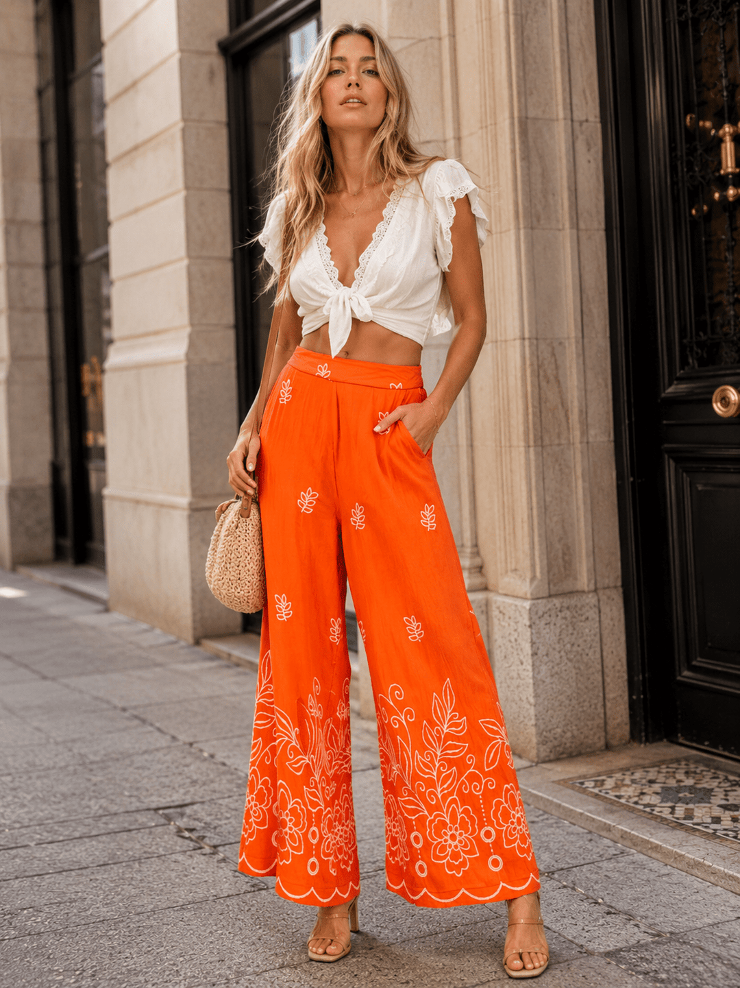 WOMEN'S ELASTIC WAIST FRONT POCKETS WIDE LEG EMBROIDERY PANTS