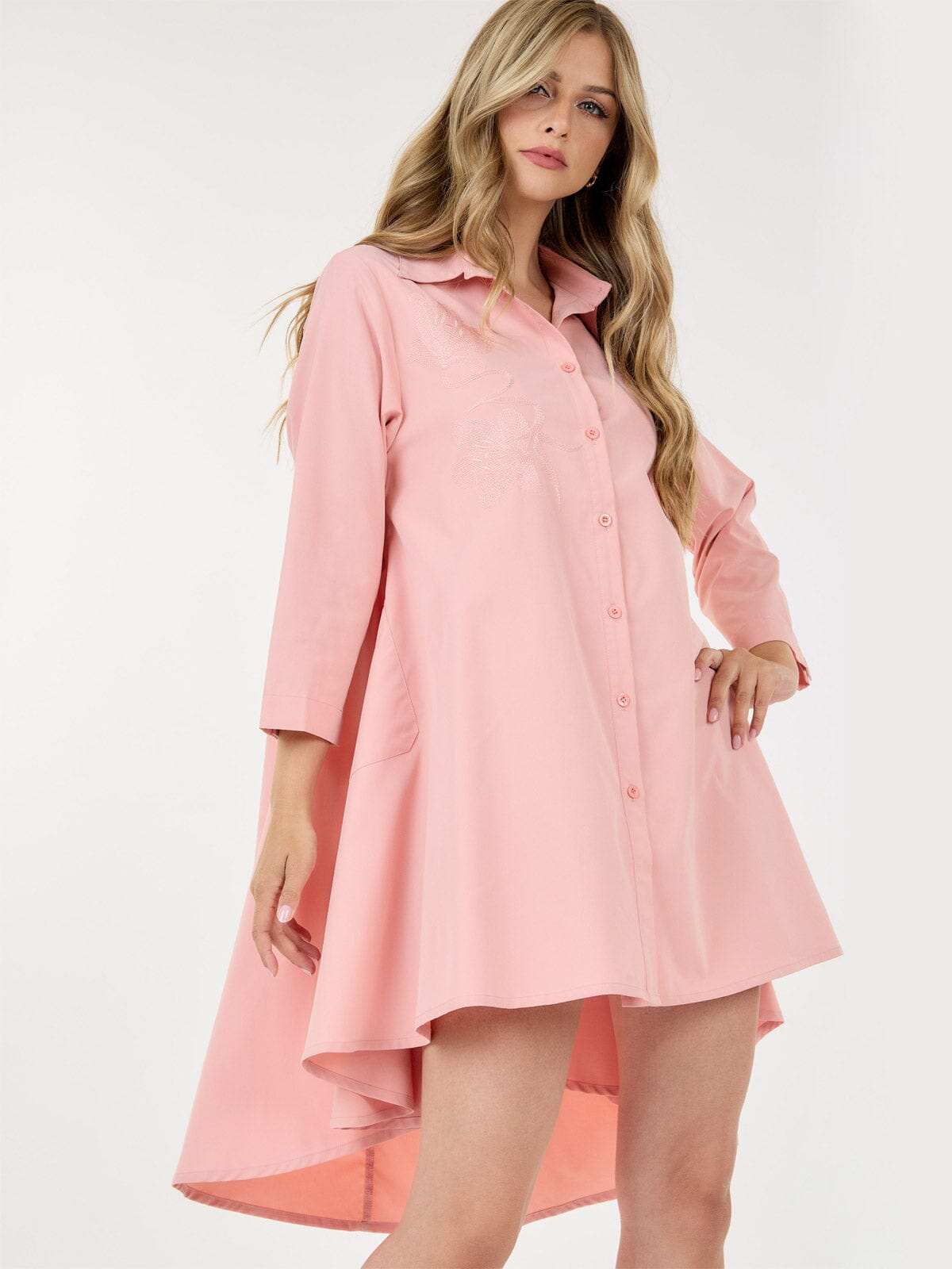 WOMEN'S LONG SLEEVE HIGH-LOW POCKETS EMBROIDERY DETAILED MINI DRESS