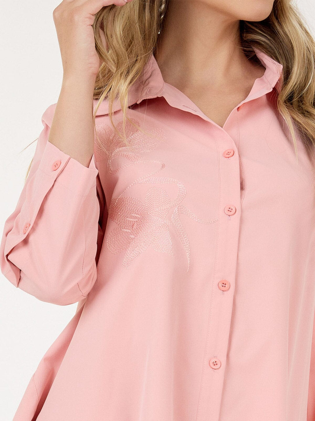 WOMEN'S LONG SLEEVE HIGH-LOW POCKETS EMBROIDERY DETAILED MINI DRESS