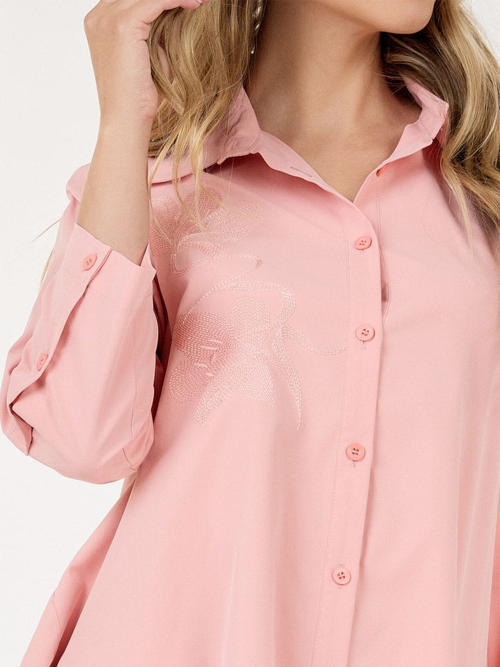 WOMEN'S LONG SLEEVE HIGH-LOW POCKETS EMBROIDERY DETAILED MINI DRESS