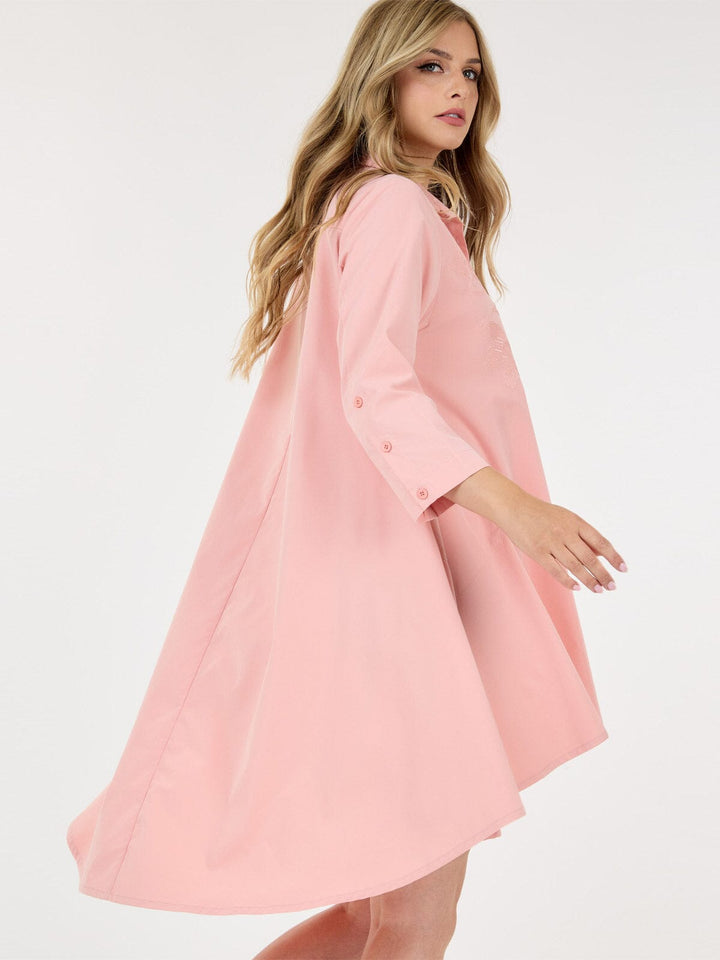 WOMEN'S LONG SLEEVE HIGH-LOW POCKETS EMBROIDERY DETAILED MINI DRESS