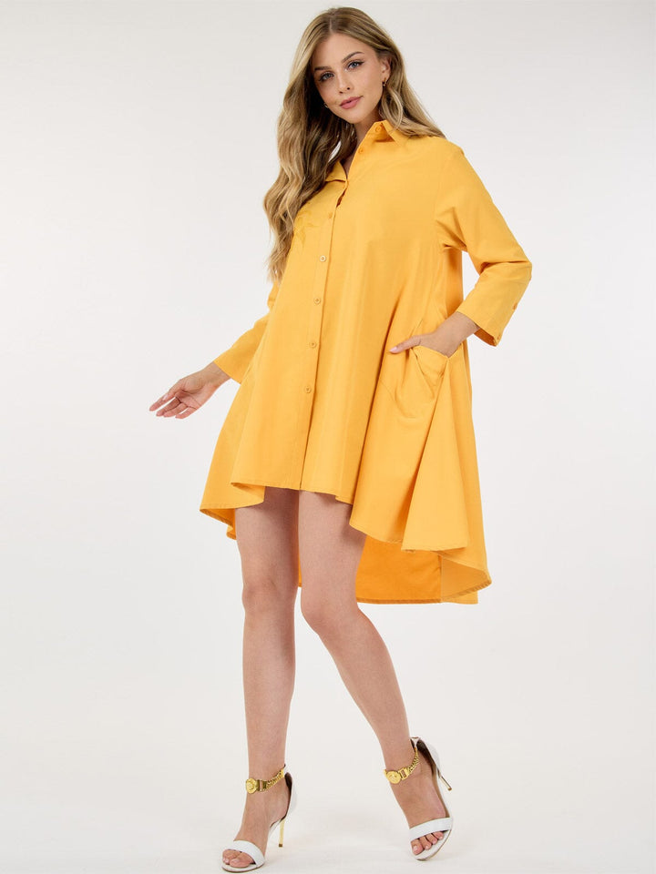 WOMEN'S LONG SLEEVE HIGH-LOW POCKETS EMBROIDERY DETAILED MINI DRESS