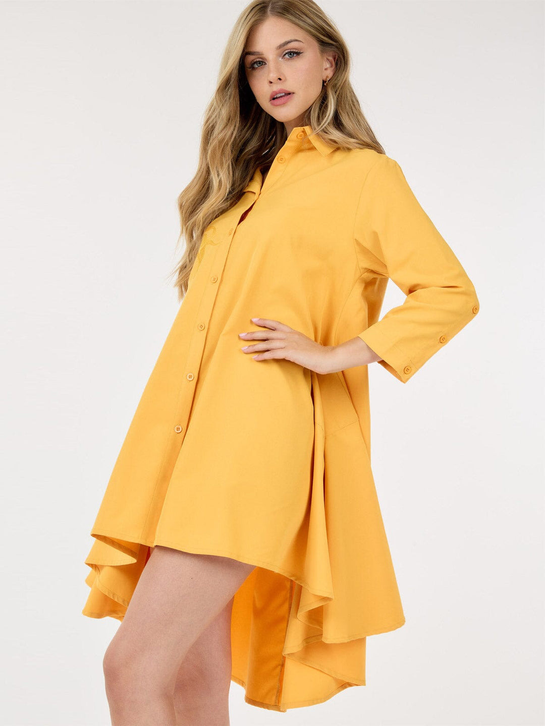 WOMEN'S LONG SLEEVE HIGH-LOW POCKETS EMBROIDERY DETAILED MINI DRESS